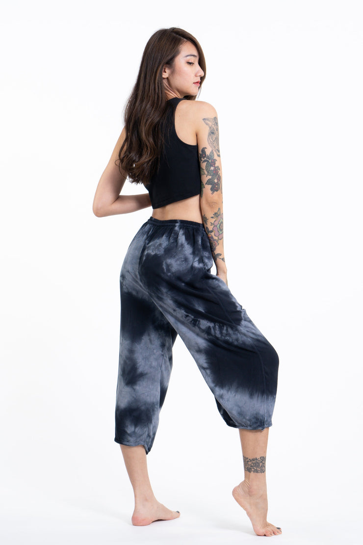 Women's Tie Dye Drawstring Yoga Massage Cropped Pants in Black