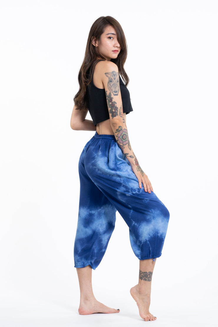 Women's Tie Dye Drawstring Yoga Massage Cropped Pants in Blue