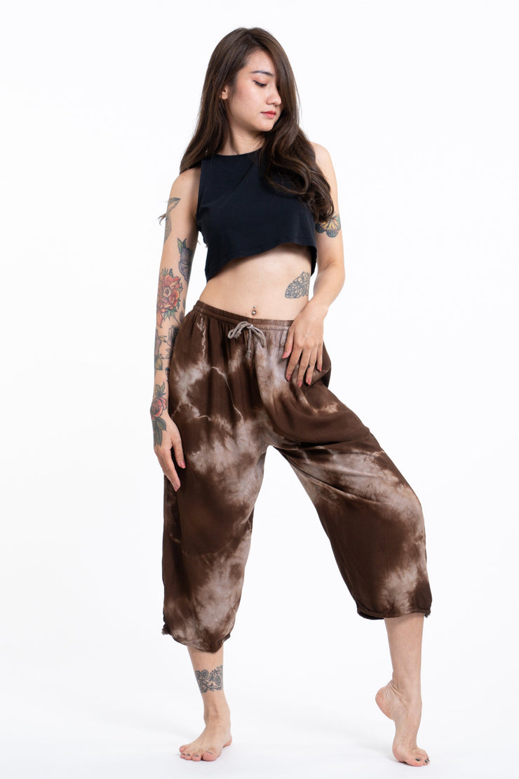 Women's Tie Dye Drawstring Yoga Massage Cropped Pants in Brown