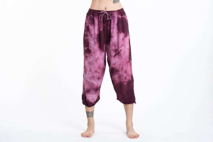 Women's Tie Dye Drawstring Yoga Massage Cropped Pants in Dark Purple