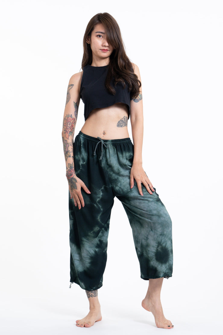 Women's Tie Dye Drawstring Yoga Massage Cropped Pants in Dark Teal