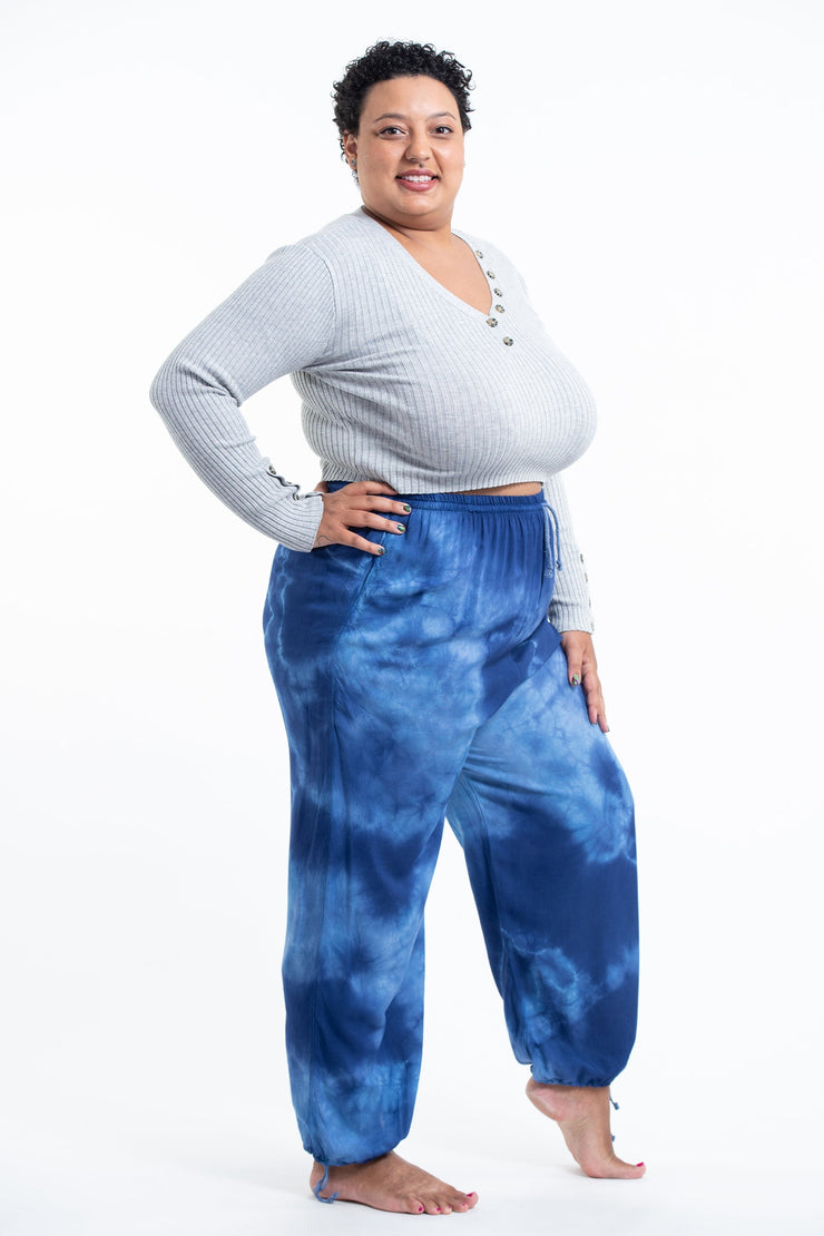 Plus Size Tie Dye Drawstring Women's Yoga Massage Pants in Blue