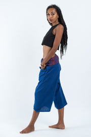 Women's Cropped Fisherman Pants with Pattern Waist Band in Blue