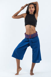 Women's Cropped Fisherman Pants with Pattern Waist Band in Blue