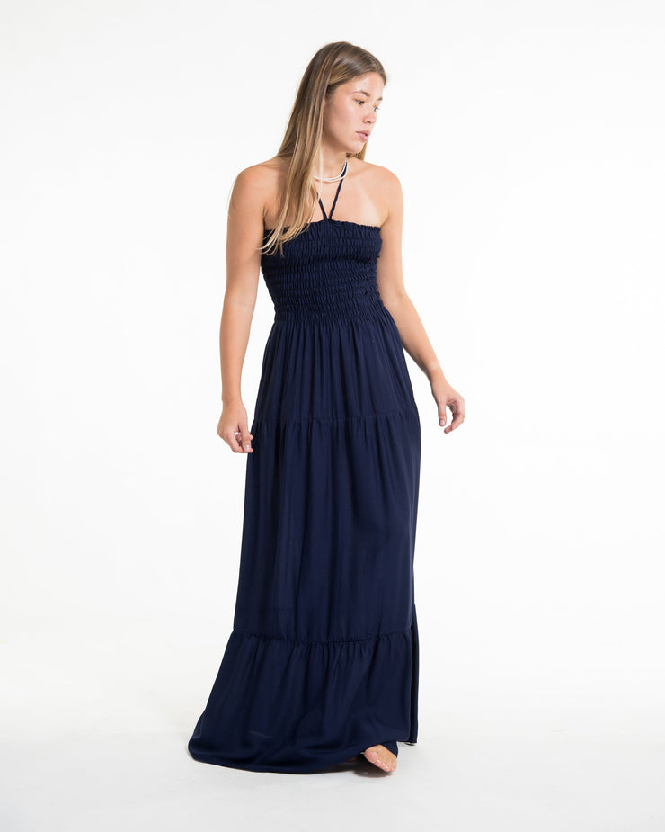 Solid Color Smocked Maxi Dress in Blue