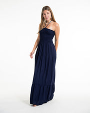 Solid Color Smocked Maxi Dress in Blue