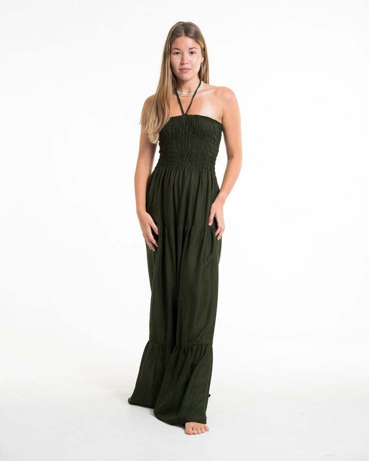 Solid Color Smocked Maxi Dress in Dark Green