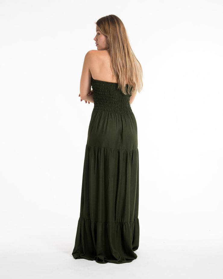 Solid Color Smocked Maxi Dress in Dark Green