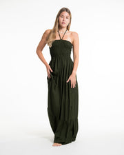 Solid Color Smocked Maxi Dress in Dark Green