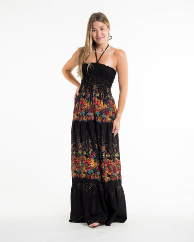 Floral Smocked Maxi Dress in Black