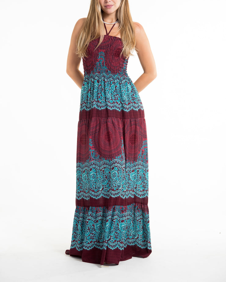 Geometric Mandalas Smocked Maxi Dress in Red