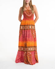 Tribal Chakras Smocked Maxi Dress in Orange