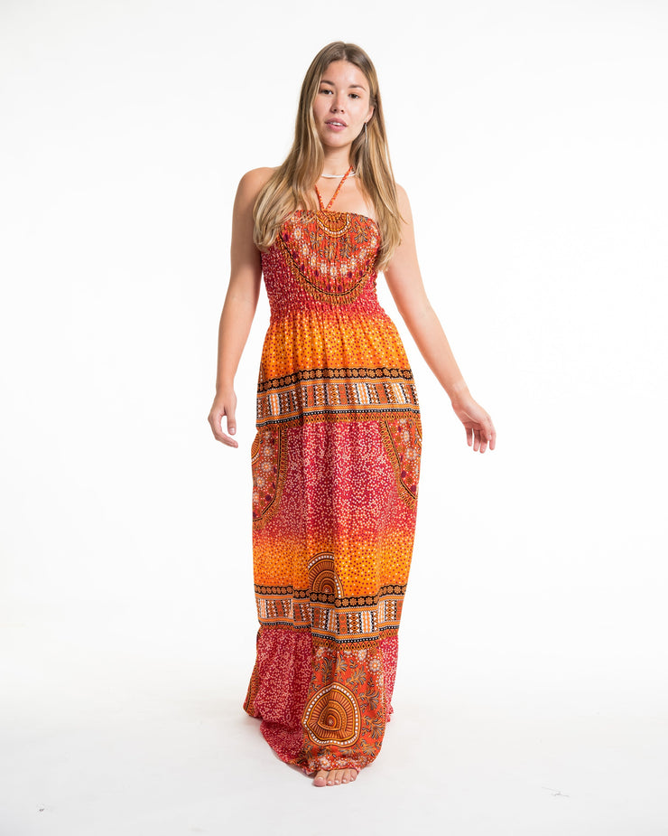 Tribal Chakras Smocked Maxi Dress in Orange