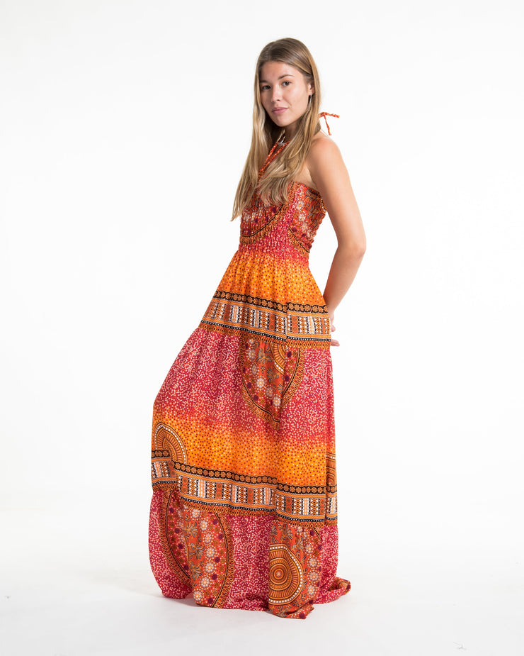 Tribal Chakras Smocked Maxi Dress in Orange