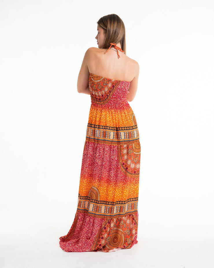 Tribal Chakras Smocked Maxi Dress in Orange