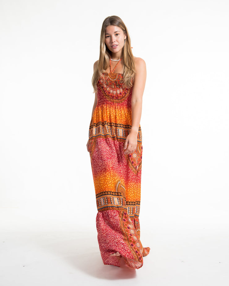 Tribal Chakras Smocked Maxi Dress in Orange