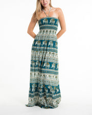 Festive Elephants Smocked Maxi Dress in Teal