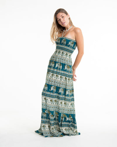 Festive Elephants Smocked Maxi Dress in Teal