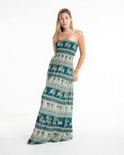 Festive Elephants Smocked Maxi Dress in Teal