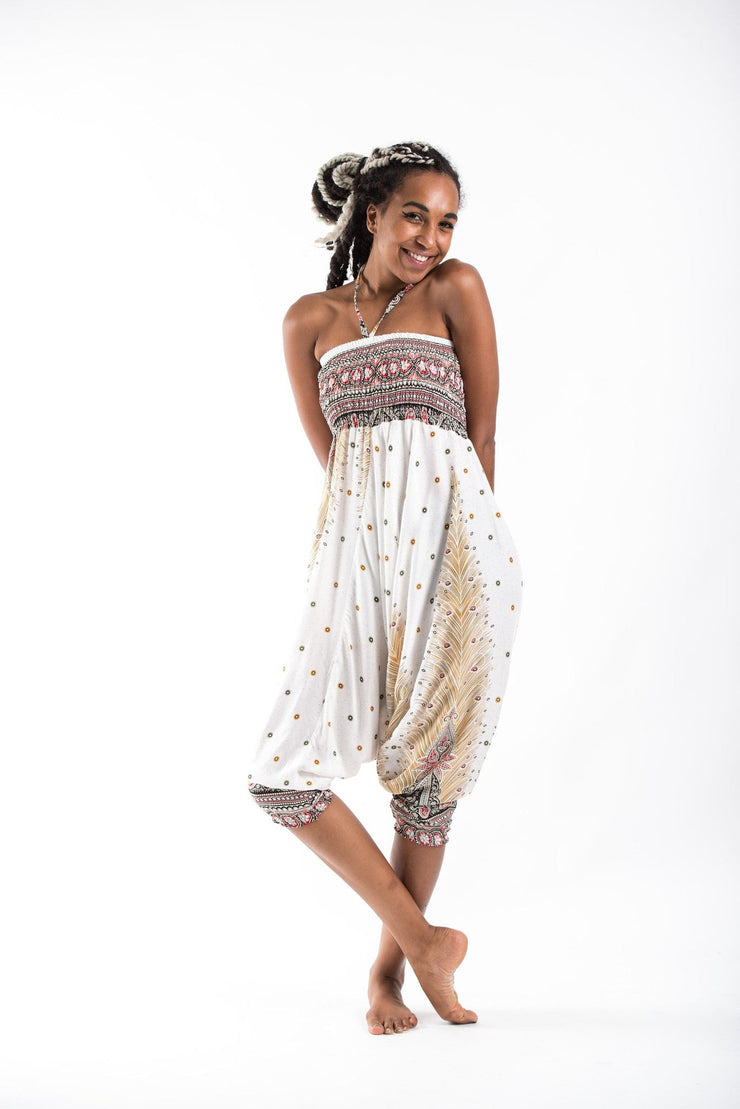 Peacock Feathers 2-in-1 Jumpsuit Harem Pants in White