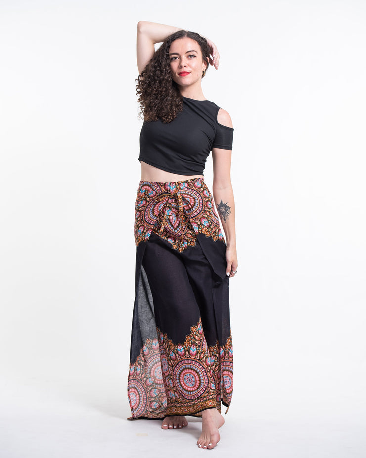 Feather Mandalas Wrap Palazzo Style Harem Pants in Black