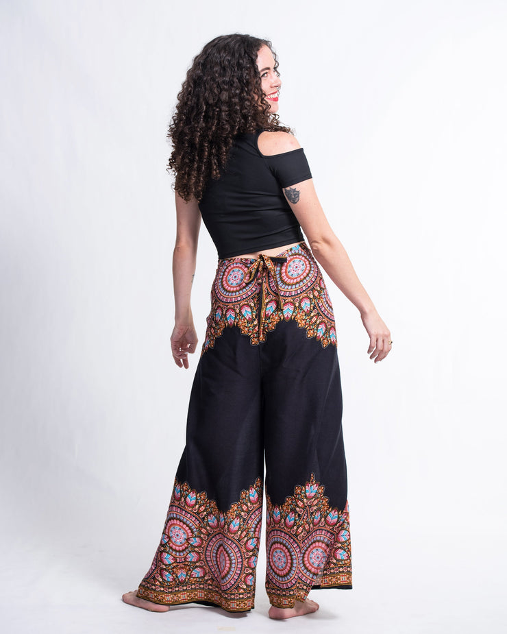 Feather Mandalas Wrap Palazzo Style Harem Pants in Black