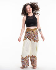 Feather Mandalas Wrap Palazzo Style Harem Pants in Cream