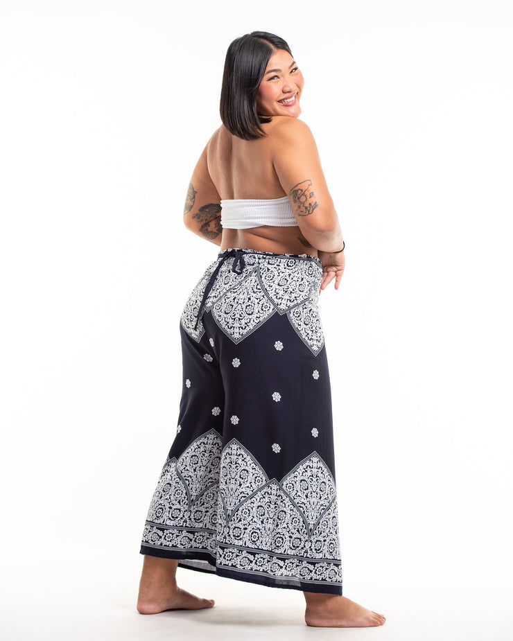 Plus Size Blooming Vines Wrap Palazzo Style Harem Pants in Navy