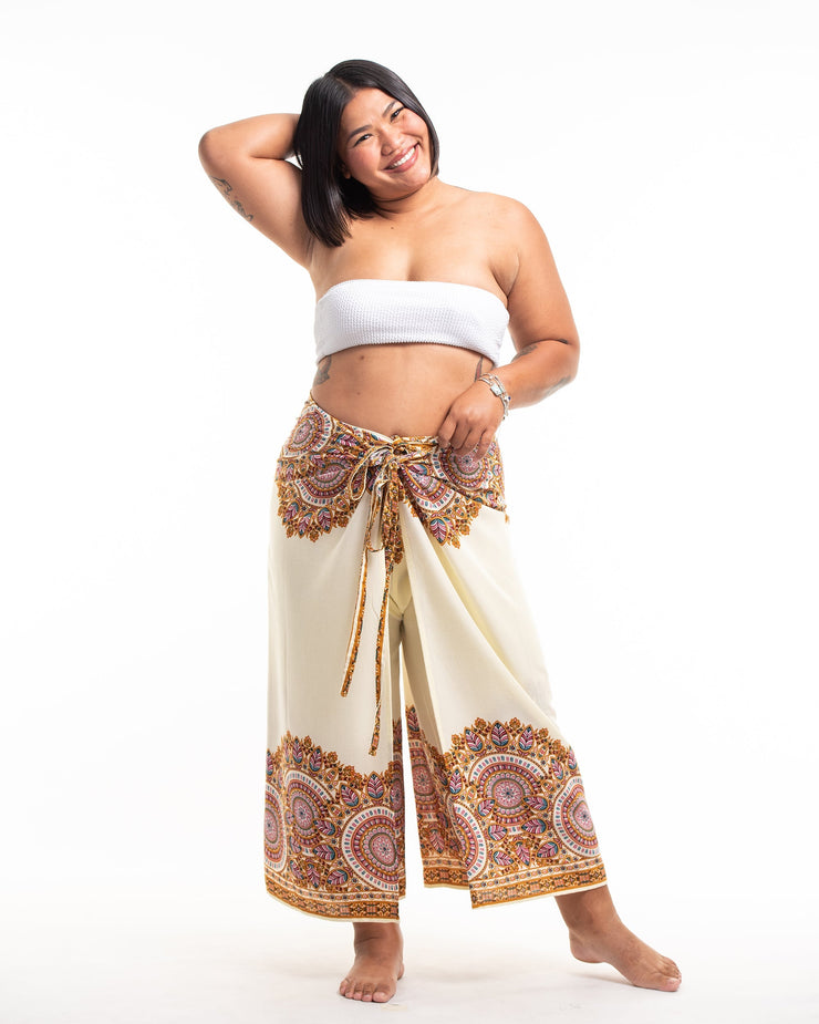 Plus Size Feather Mandalas Wrap Palazzo Style Harem Pants in Cream