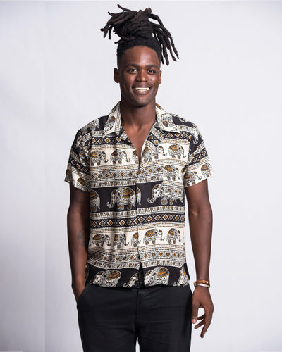 Tribal Elephant Short Sleeve Button Shirt in Black