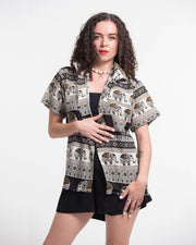 Tribal Elephant Short Sleeve Button Shirt in Black