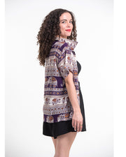 Tribal Elephant Short Sleeve Button Shirt in Purple