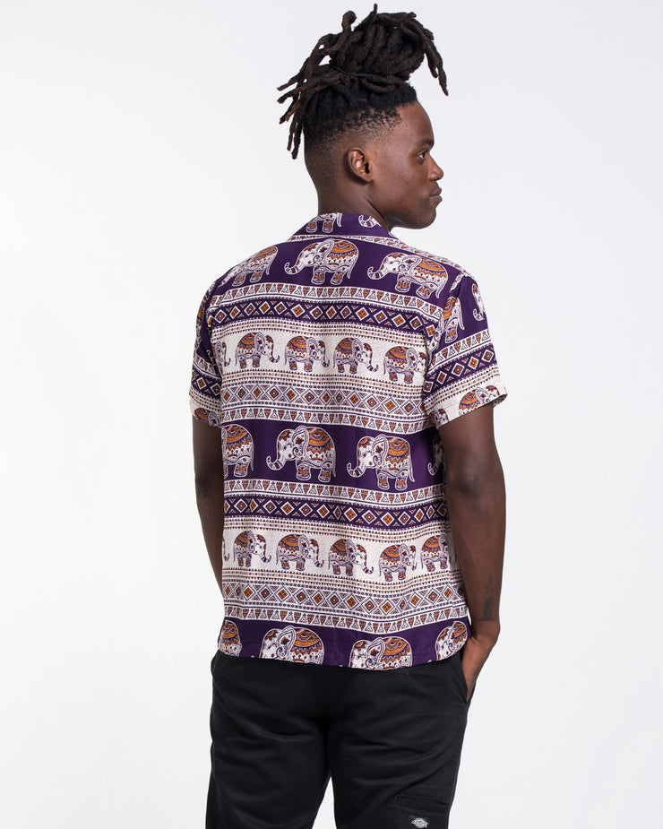 Tribal Elephant Short Sleeve Button Shirt in Purple