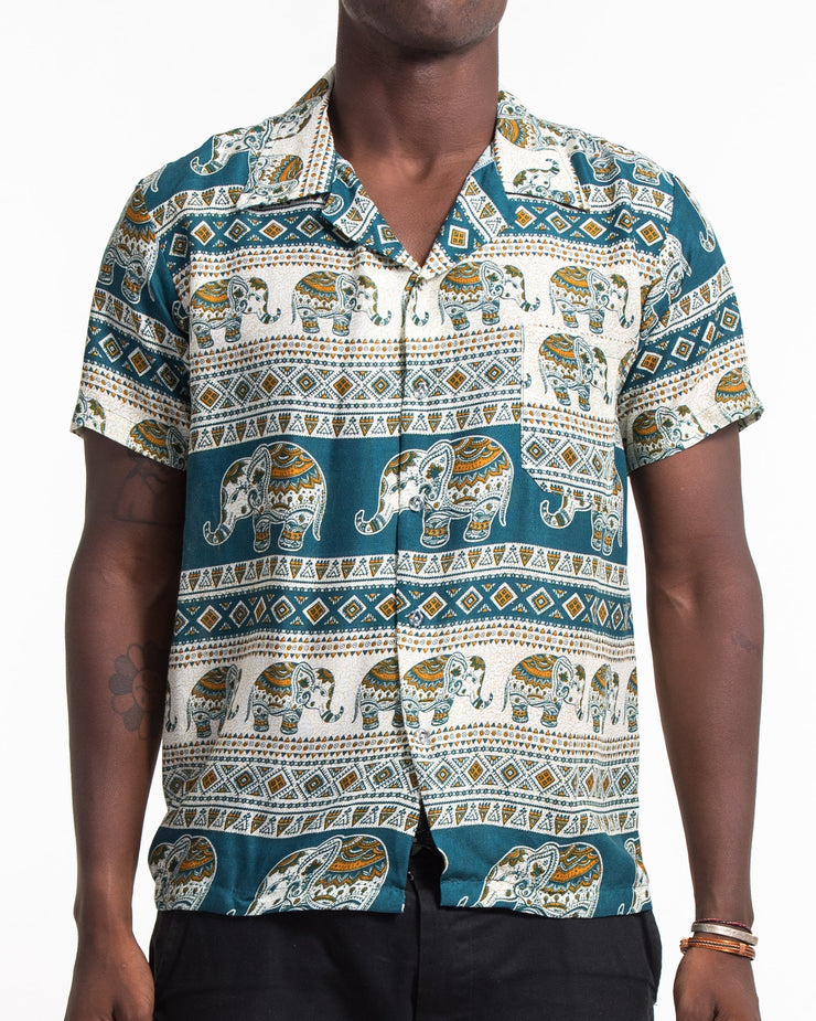 Tribal Elephant Short Sleeve Button Shirt in Teal