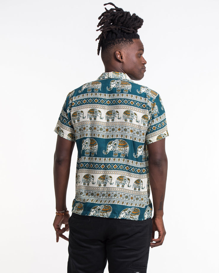 Tribal Elephant Short Sleeve Button Shirt in Teal