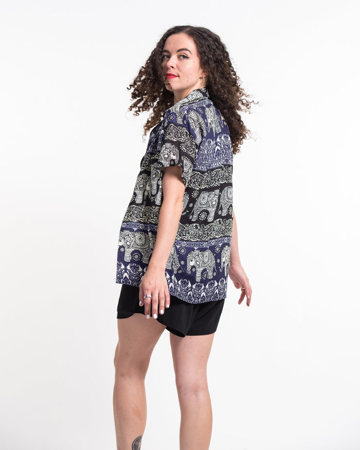 Divine Elephant Short Sleeve Button Shirt in Indigo