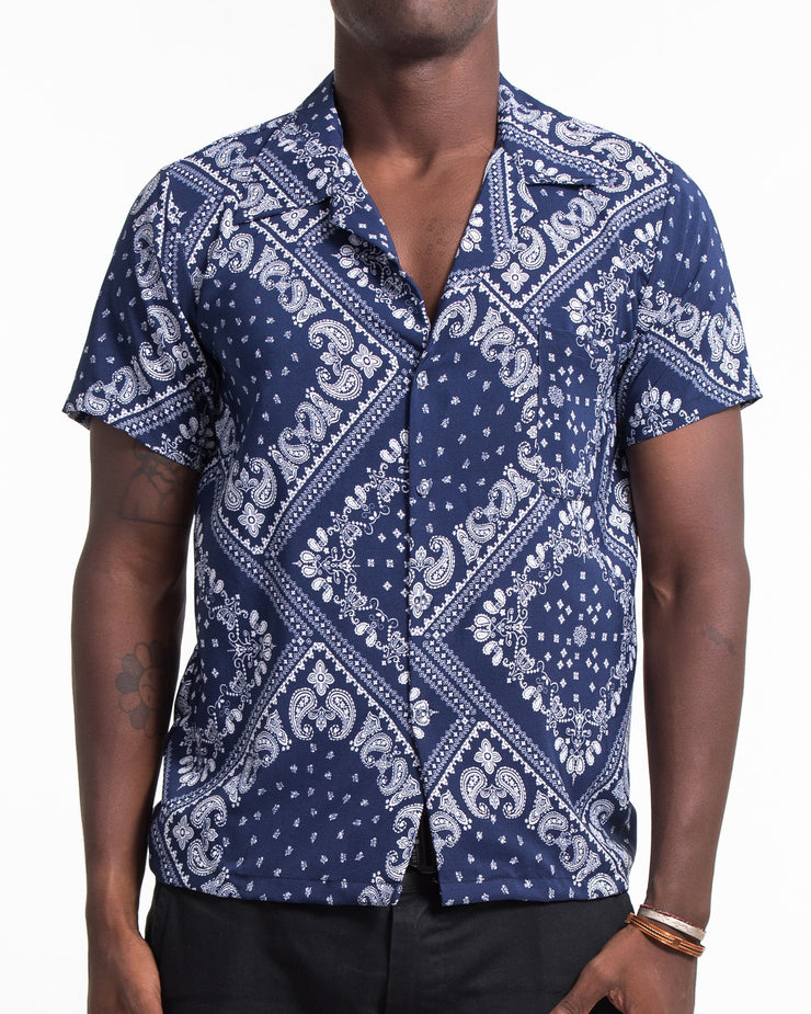 Patchwork Paisley Short Sleeve Button Shirt in Navy