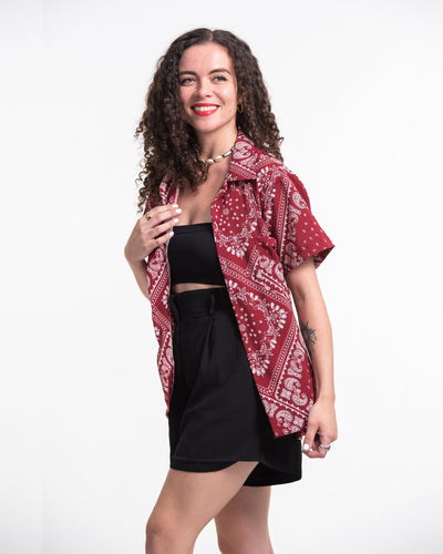 Patchwork Paisley Short Sleeve Button Shirt in Red