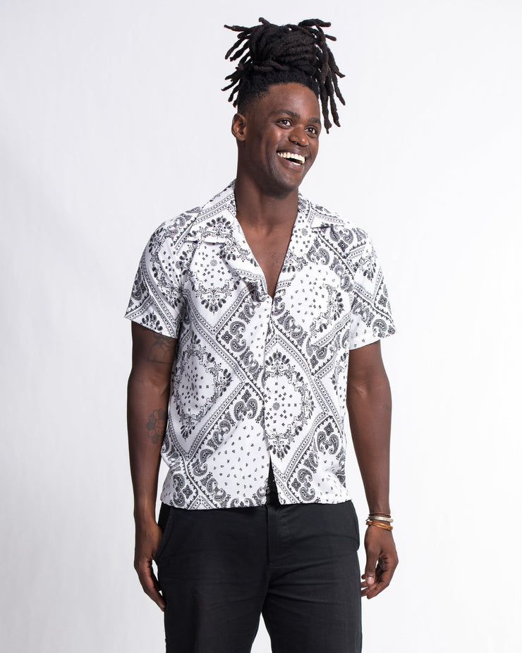 Patchwork Paisley Short Sleeve Button Shirt in White