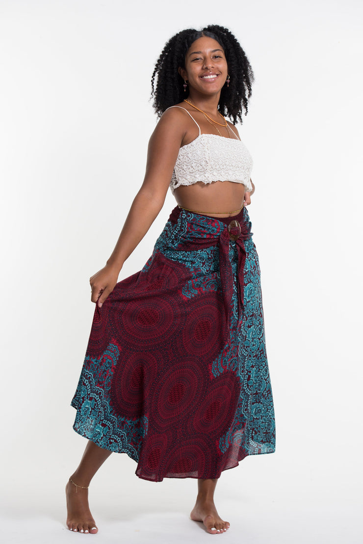 Geometric Mandalas Handkerchief Midi Skirt in Red