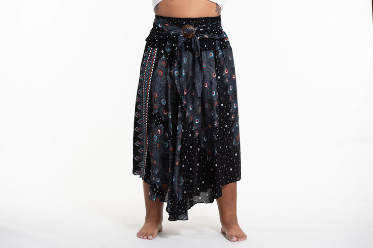 Plus Size Peacock Handkerchief Midi Skirt in Black