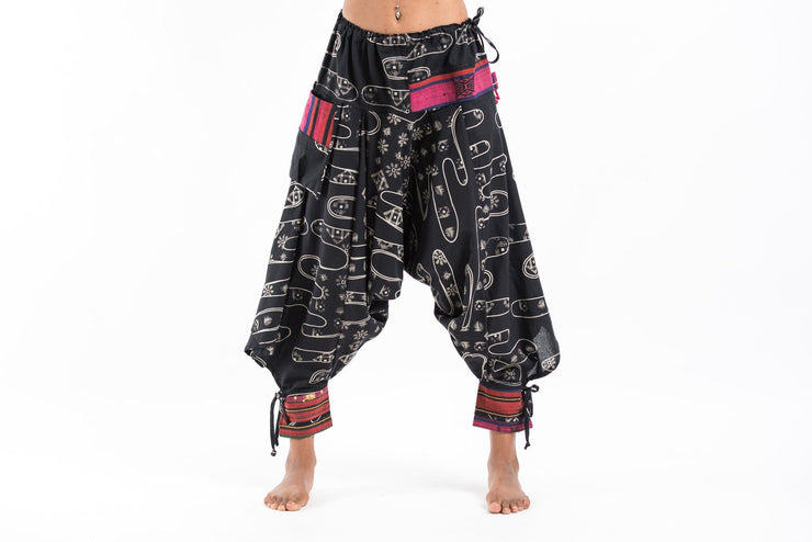 Japanese Print Hill Tribe Drawstring Women's Harem Pants with Ankle Straps