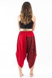 Two Tone Leaves Prints Women's Three Quarter Pants in Red