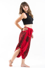 Two Tone Leaves Prints Women's Three Quarter Pants in Red