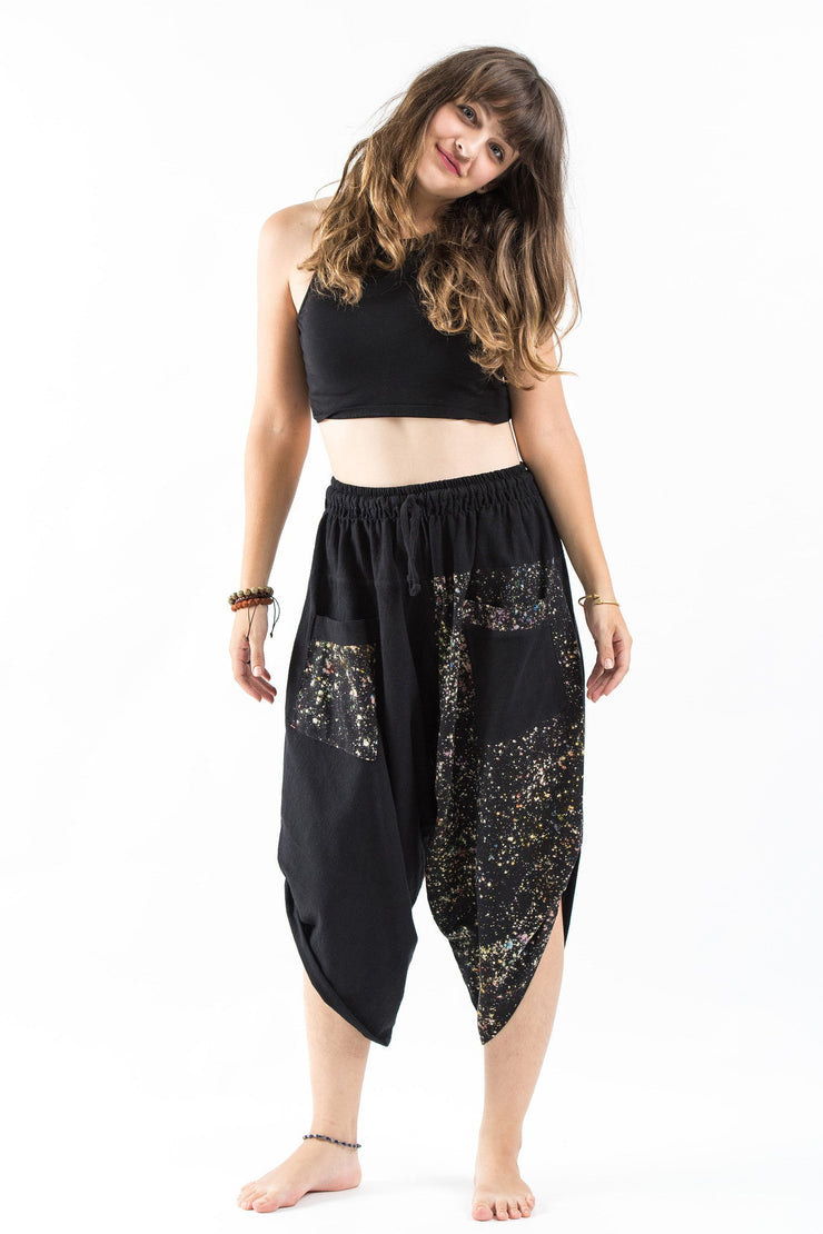 Two Tone Splatter Prints Women's Three Quarter Pants in Black