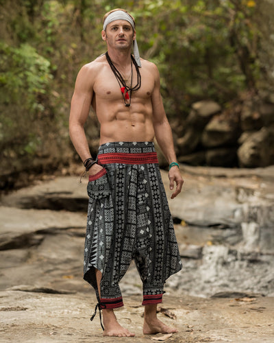 Traditional Prints Thai Hill Tribe Fabric Men's Harem Pants with Ankle Straps