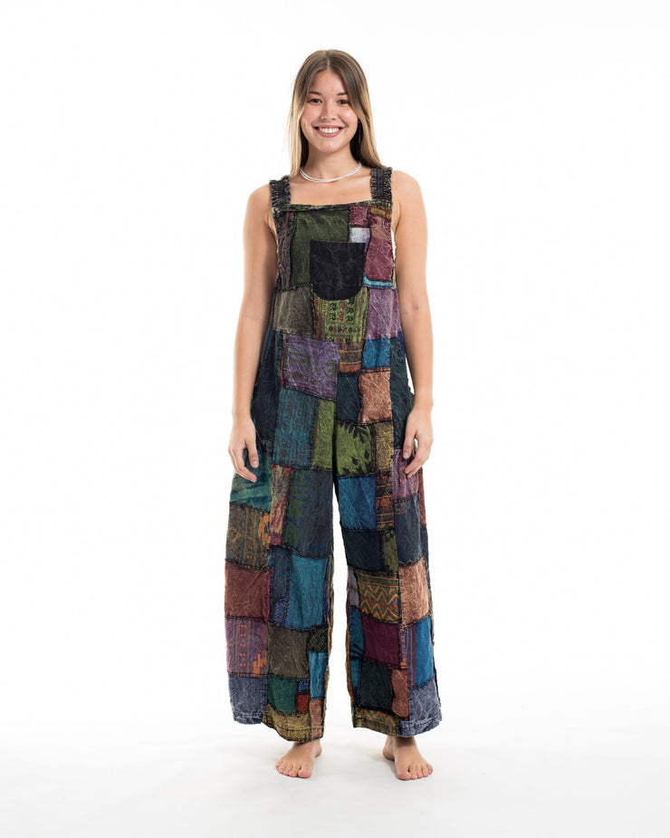 Patchwork Stone Washed Black Printed Cotton Overall in Black