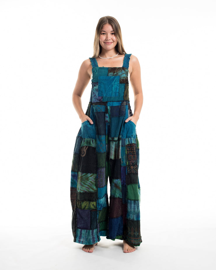 Patchwork Stone Washed Black Printed Cotton Overall in Blue