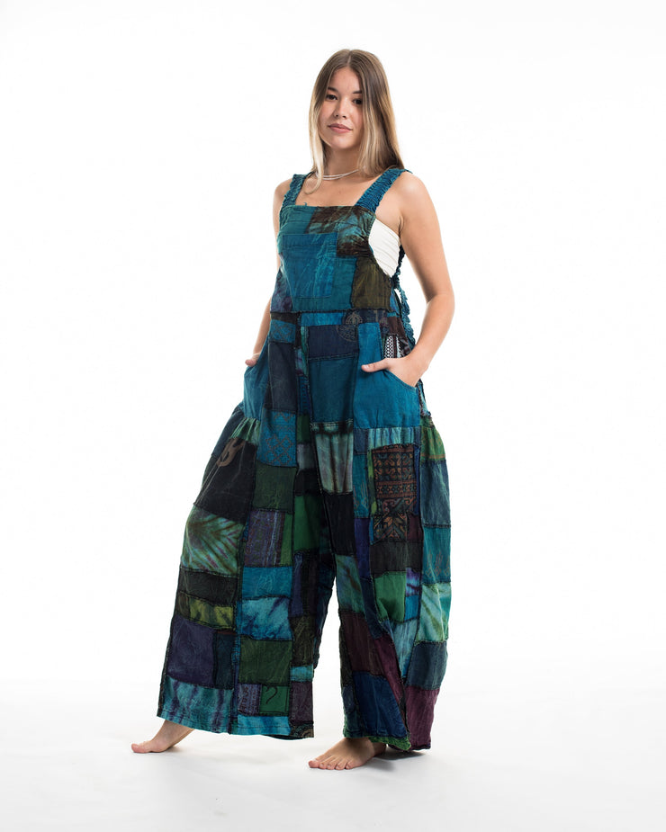 Patchwork Stone Washed Black Printed Cotton Overall in Blue