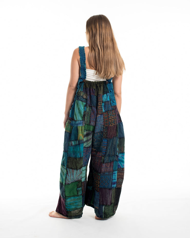 Patchwork Stone Washed Black Printed Cotton Overall in Blue